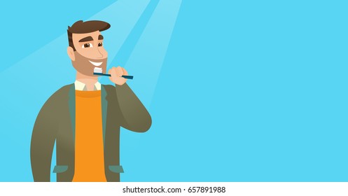 Young caucasian man brushing teeth. Smiling hipster man with beard cleaning teeth. Man with a toothbrush in hand. Dentistry and tooth care concept. Vector flat design illustration. Horizontal layout.