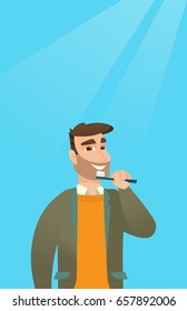 Hombre caucásico joven cepillando dientes. Hombre hipster sonriente con dientes de limpieza de barbas. Hombre con un cepillo de dientes en la mano. Concepto de odontología y cuidado dental. Ilustración de diseño plana vectorial. Diseño vertical.