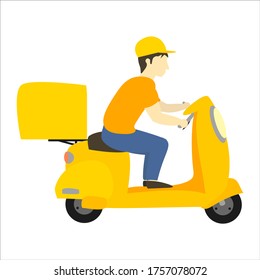 Young caucasian man cartoon character riding a yellow scooter. Delivery service worker delivers the package. Flat vector illustration isolated on white background.