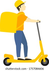 Young caucasian man cartoon character with a  backpack riding a yellow electric scooter. Delivery service worker delivers the package. Flat vector ilustration isolated on white background.
