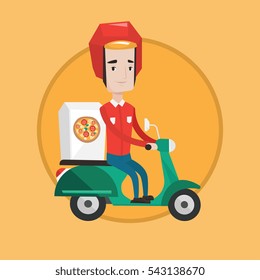 Young caucasian man delivering pizza on scooter. Young courier driving a scooter and delivering pizza. Concept of food delivery. Vector flat design illustration in the circle isolated on background.
