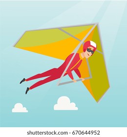 Young caucasian man flying on hang-glider. Sportsman taking part in hang gliding competitions. Man having fun while gliding on deltaplane in the sky. Vector flat design illustration. Square layout.