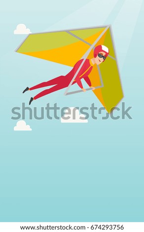 Young caucasian man flying on hang-glider. Sportsman taking part in hang gliding competitions. Man having fun while gliding on deltaplane in the sky. Vector flat design illustration. Vertical layout.