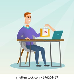 Young caucasian man getting shopping bags from a laptop. Happy man making an online order in a virtual shop. Man using a laptop for online shopping. Vector flat design illustration. Square layout.