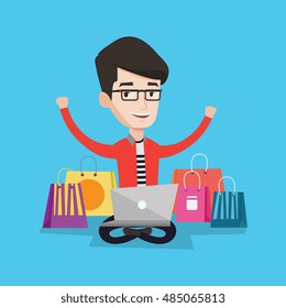 Young caucasian man with hands up using laptop for shopping online. Happy customer sitting with shopping bags around him. Man doing online shopping. Vector flat design illustration. Square layout.