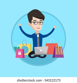 Young caucasian man with hands up using laptop for shopping online. Man doing order in online store. Man doing online shopping. Vector flat design illustration in the circle isolated on background.