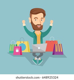 Young caucasian man with hands up using a laptop for online shopping. Happy hipster man sitting with shopping bags around him. Man doing online shopping. Vector flat design illustration. Square layout