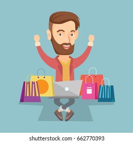 Young caucasian man with hands up using a laptop for online shopping. Happy hipster man sitting with shopping bags around him. Man doing online shopping. Vector flat design illustration. Square layout