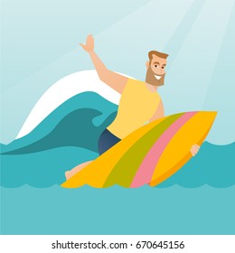 Young caucasian man having fun during execution of a move on an ocean wave. Happy surfer in action on a surfboard. Lifestyle and water sport concept. Vector flat design illustration. Square layout.