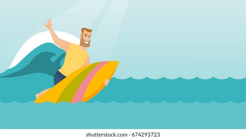 Young caucasian man having fun during execution of a move on an ocean wave. Happy surfer in action on a surfboard. Lifestyle and water sport concept. Vector flat design illustration. Horizontal layout
