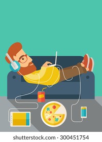 A Young caucasian man with headphone lie on the sofa listening music with pizza. Contemporary style with pastel palette, soft green tinted background. Vector flat design illustrations. vertical layout