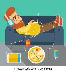 A Young caucasian man with headphone lie on the sofa listening music with pizza. Contemporary style with pastel palette, soft green tinted background. Vector flat design illustrations. Square layout.