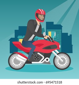 Young caucasian man in helmet riding a motorcycle on the background of night city. Hipster motorcyclist driving a motorcycle on the city road at night. Vector cartoon illustration. Square layout.