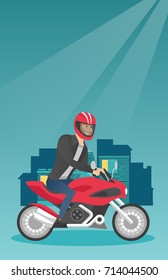 Young caucasian man in helmet riding a motorcycle on the background of night city. Hipster motorcyclist driving a motorcycle on the city road at night. Vector cartoon illustration. Vertical layout.