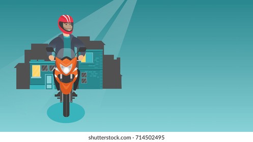 Young caucasian man in helmet riding a motorcycle on the background of night city. Hipster motorcyclist driving a motorbike on a city road at night. Vector cartoon illustration. Horizontal layout.