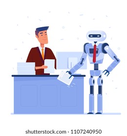 Young caucasian man hires a robot with curriculum vitae in hands. Robot seeking for a job. Concept of artificial intelligence, robotization and automatization. Vector flat design illustration.