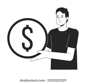 Young caucasian man holding golden coin flat line black white vector character. Editable outline half body person. Simple cartoon isolated spot illustration for web graphic design