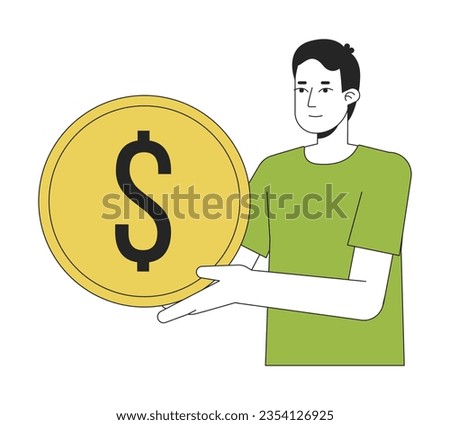 Young caucasian man holding golden coin flat line color vector character. Editable outline half body person on white. Simple cartoon spot illustration for web graphic design