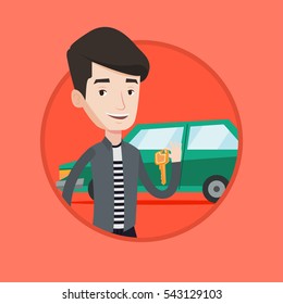 Young caucasian man holding keys to his new car. Happy man showing key to his new car. Man standing on the backgrond of new car. Vector flat design illustration in the circle isolated on background.