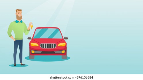Young caucasian man holding keys to his new car. Happy man showing key to his new car. Hipster man with beard standing on the backgrond of new car. Vector flat design illustration. Horizontal layout.