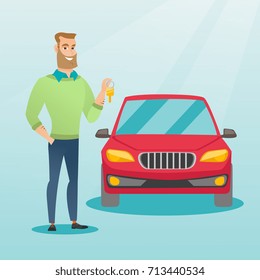 Young caucasian man holding keys to his new car. Happy man showing key to his new car. Hipster man with beard standing on the backgrond of new car. Vector flat design illustration. Square layout.