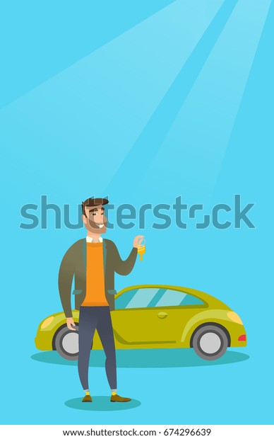 Young caucasian man holding keys to his new car.\
Happy man showing key to his new car. Hipster man with beard\
standing on the backgrond of new car. Vector flat design\
illustration. Vertical\
layout.
