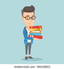 Young caucasian man holding a pile of educational books in hands. Smiling student carrying huge stack of books. Student preparing for exam with books. Vector flat design illustration. Square layout.