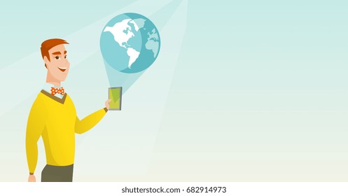 Young caucasian man holding a smartphone with a model of the planet earth coming out of the device. Concept of international technology communication. Vector cartoon illustration. Horizontal layout.