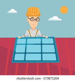 Young caucasian man installing solar panels on roof. Technician in uniform and hard hat checking solar panel on roof. Engineer adjusting solar panel. Vector flat design illustration. Square layout.