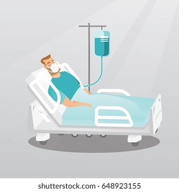 Young caucasian man lying in hospital bed with an oxygen mask. Man during medical procedure with a drop counter. Patient recovering in bed in a hospital. Vector flat design illustration. Square layout