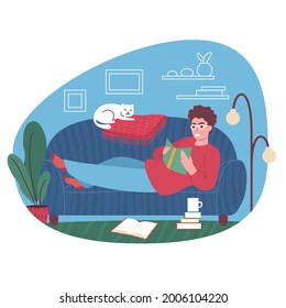 Young caucasian man lying on a sofa reading a book. Cozy domestic scene in a living room. Flat style vector illustration