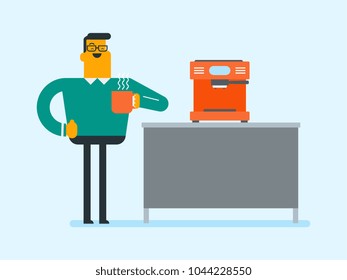 Young caucasian man making coffee with a coffee-machine. Man holding a cup of hot coffee in hand. Smiling man standing beside a coffee machine. Vector cartoon illustration. Horizontal layout.