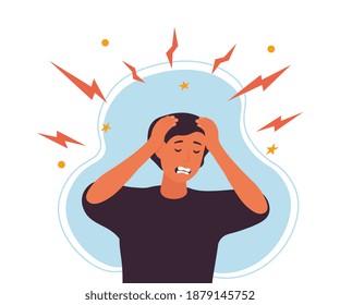 Young Caucasian Man with a morning migraine clutching his throbbing head grimacing with pain, flat cartoon colored vector illustration. Chronic fatigue, nervous tension, stress and headache concept