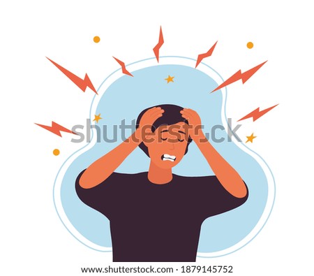 Young Caucasian Man with a morning migraine clutching his throbbing head grimacing with pain, flat cartoon colored vector illustration. Chronic fatigue, nervous tension, stress and headache concept