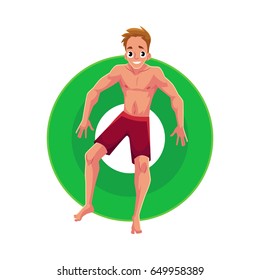 Young Caucasian man on floating inflatable ring resting in star position, top view cartoon vector illustration isolated on white background. Young man swimming on inflatable ring, pool party