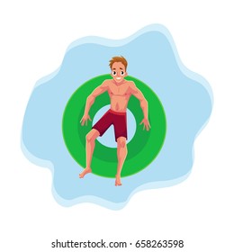 Young Caucasian man on floating inflatable ring resting in star position on the water surface, top view cartoon vector illustration. Young man swimming on inflatable ring, pool party