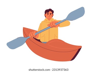 Young caucasian man paddling kayak semi flat colorful vector character. Canoeing, water sports. Editable full body person on white. Simple cartoon spot illustration for web graphic design