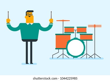 Young caucasian man playing the drums. Mucisian playing the drums. Smiling man playing the drum kit. Happy man sitting behind the drum kit. Vector cartoon illustration. Horizontal layout.