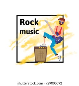 A young caucasian man playing the guitar. Rock musician. Vector illustration, music poster template, isolated on white background.