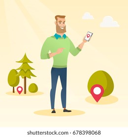 Young caucasian man playing with his mobile phone outdoor. Hipster man with beard playing action game on smartphone. Man using smartphone for playing games. Vector cartoon illustration. Square layout.