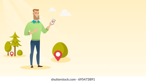 Young caucasian man playing with his mobile phone outdoor. Hipster man playing action game on smartphone. Man using smartphone for playing games. Vector cartoon illustration. Horizontal layout.