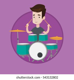 Young caucasian man playing on drums. Smiling mucisian playing on drums. Happy mucisian sitting behind the drum kit and playing. Vector flat design illustration in the circle isolated on background.