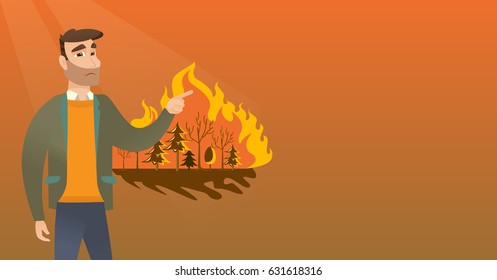 Joven caucásico señalando al bosque en llamas. Hombre frustrado parado en el fondo de un gran incendio forestal. Concepto de destrucción ambiental. Ilustración de diseño plana vectorial. Diseño horizontal