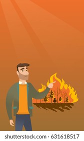 Joven caucásico señalando al bosque en llamas. Hombre frustrado parado en el fondo de un gran incendio forestal. Concepto de destrucción ambiental. Ilustración de diseño plana vectorial. Diseño vertical.