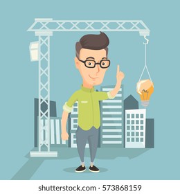 Young caucasian man pointing at idea light bulb hanging on crane. Architect having idea in town planning. Concept of new ideas in architecture. Vector flat design illustration. Square layout.