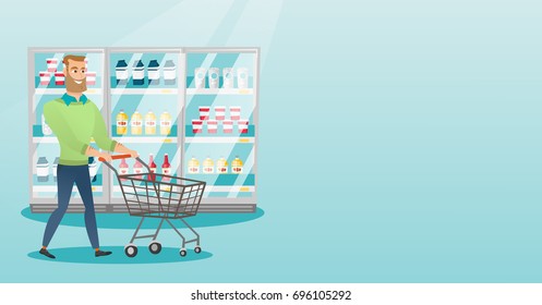 Young caucasian man pushing empty supermarket trolley. Man shopping in the supermarket with a trolley. Man walking with a trolley in the supermarket. Vector flat design illustration. Horizontal layout