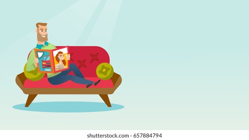 Young caucasian man reading a magazine. Man sitting on the couch and reading a magazine. Hipster man sitting on the couch with a magazine in hands. Vector flat design illustration. Horizontal layout.