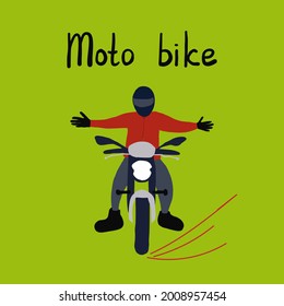 Young caucasian man riding a scooter on green background. Young man in helmet driving a scooter in the city street. hand drawn text Moto bike. Vector flat design illustration. Square layout.