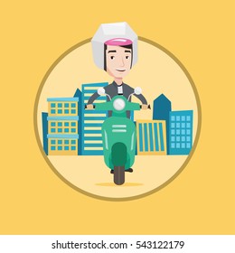Young caucasian man riding a scooter on city background. Man in helmet driving a scooter in the city street. Man driving a scooter. Vector flat design illustration in the circle isolated on background