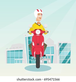 Young caucasian man riding a scooter on a city background. Cheerful man in helmet driving a scooter in the city street. Smiling man driving a scooter. Vector cartoon illustration. Square layout.